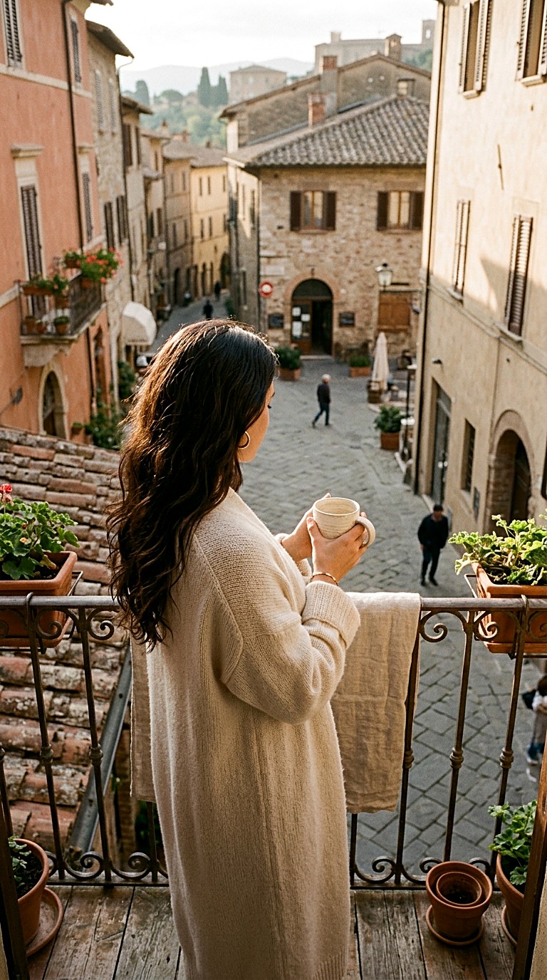 Una donna si gode il suo caffè al balcone: la sua prima ora di libertà